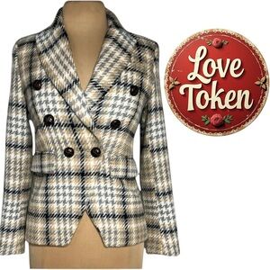 Love Token Tweed Beige Gray Black White Plaid Blazer Size XS LT100-179